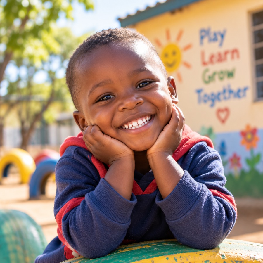 A child resting on their hands, smiling, in the play area