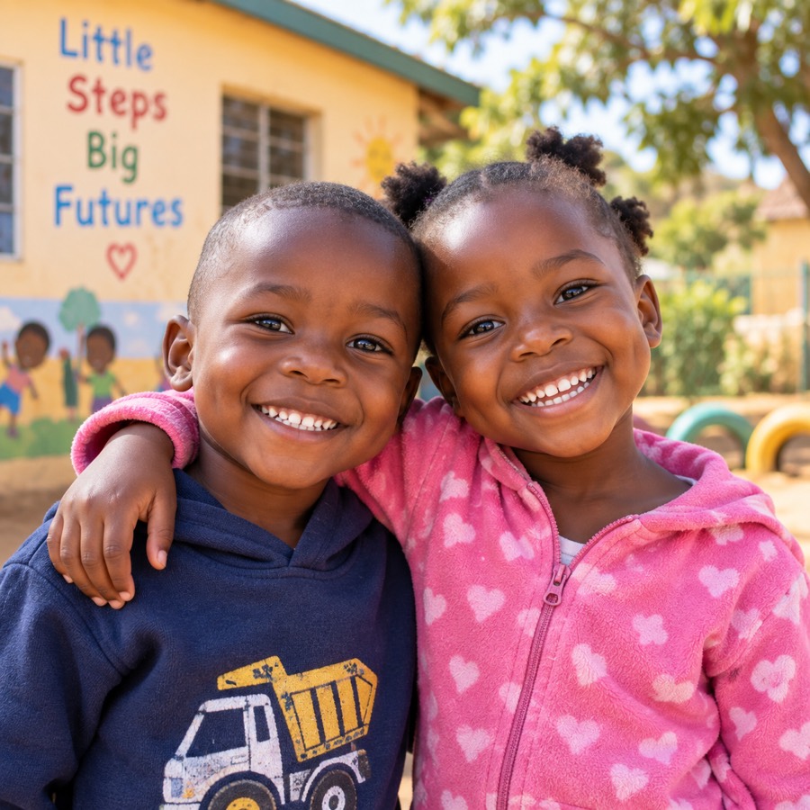 Two children with their arms around each other outside the classroom